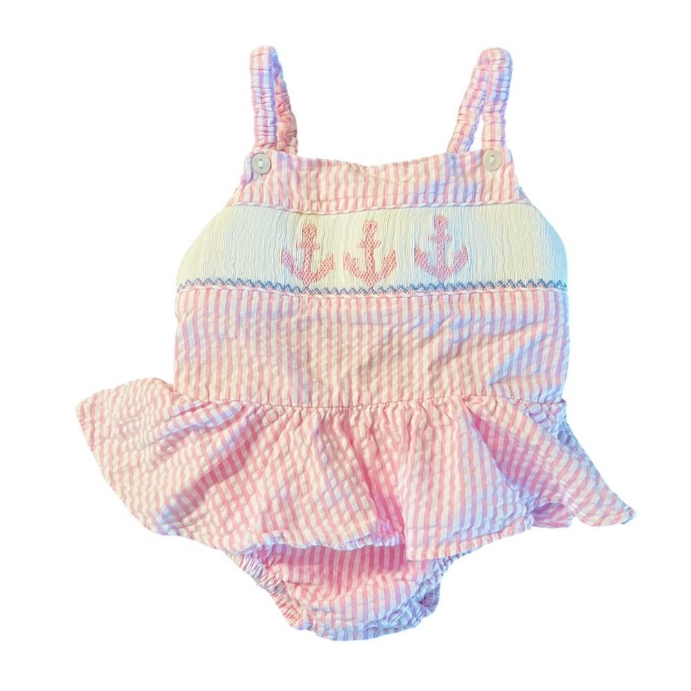 Southern Sunshine Kids Striped Pink Smocking Anchor Romper Size 9 Months